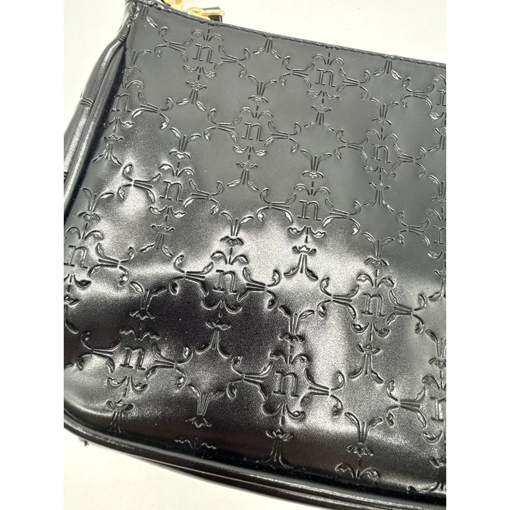 Nanette Lepore Black Embossed Logo Shoulder Bag Gold Chain Baguette Purse